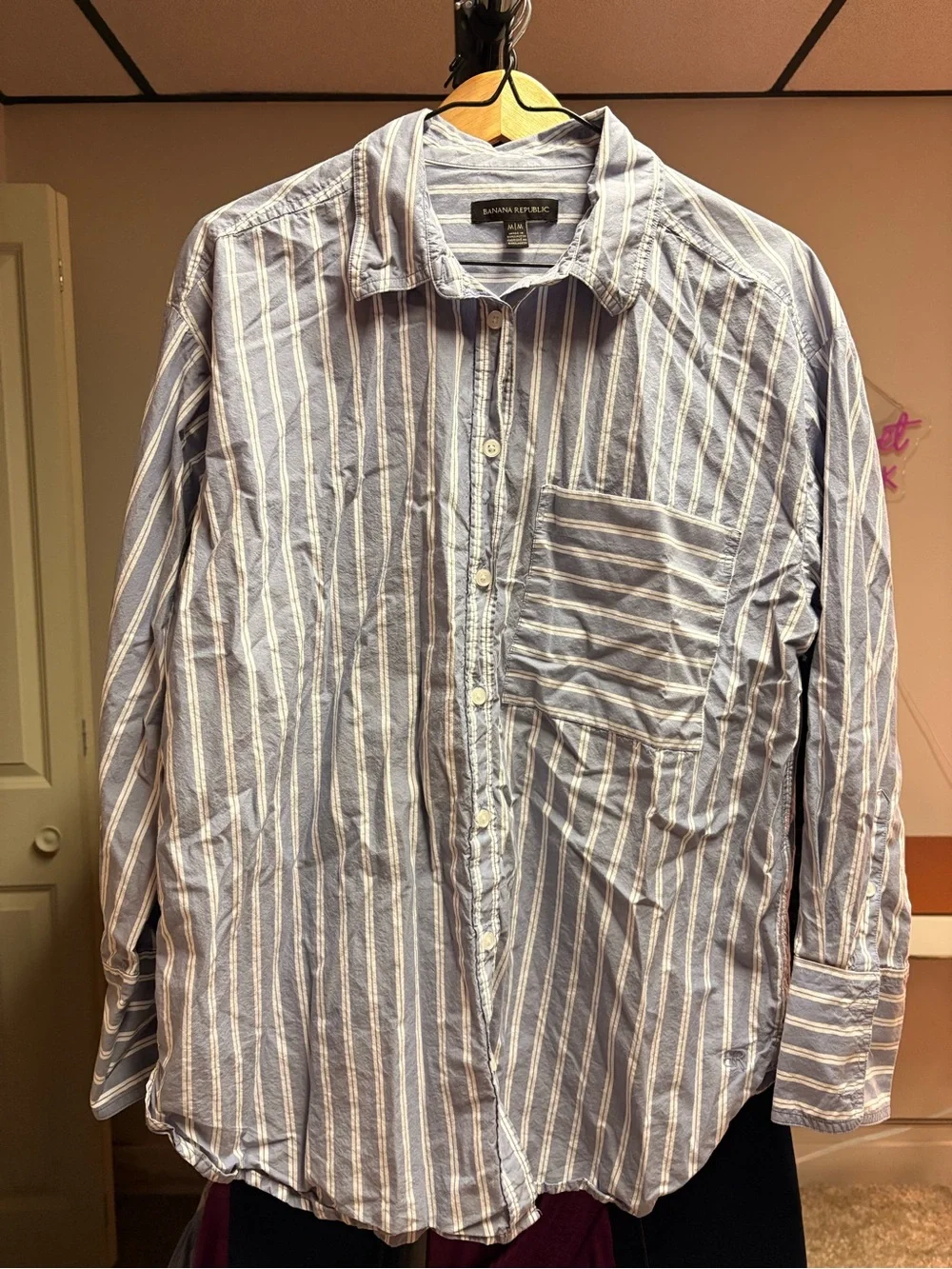 944. Grayish Blue & White Striped Button-Up Shirt - Picture 5 of 5